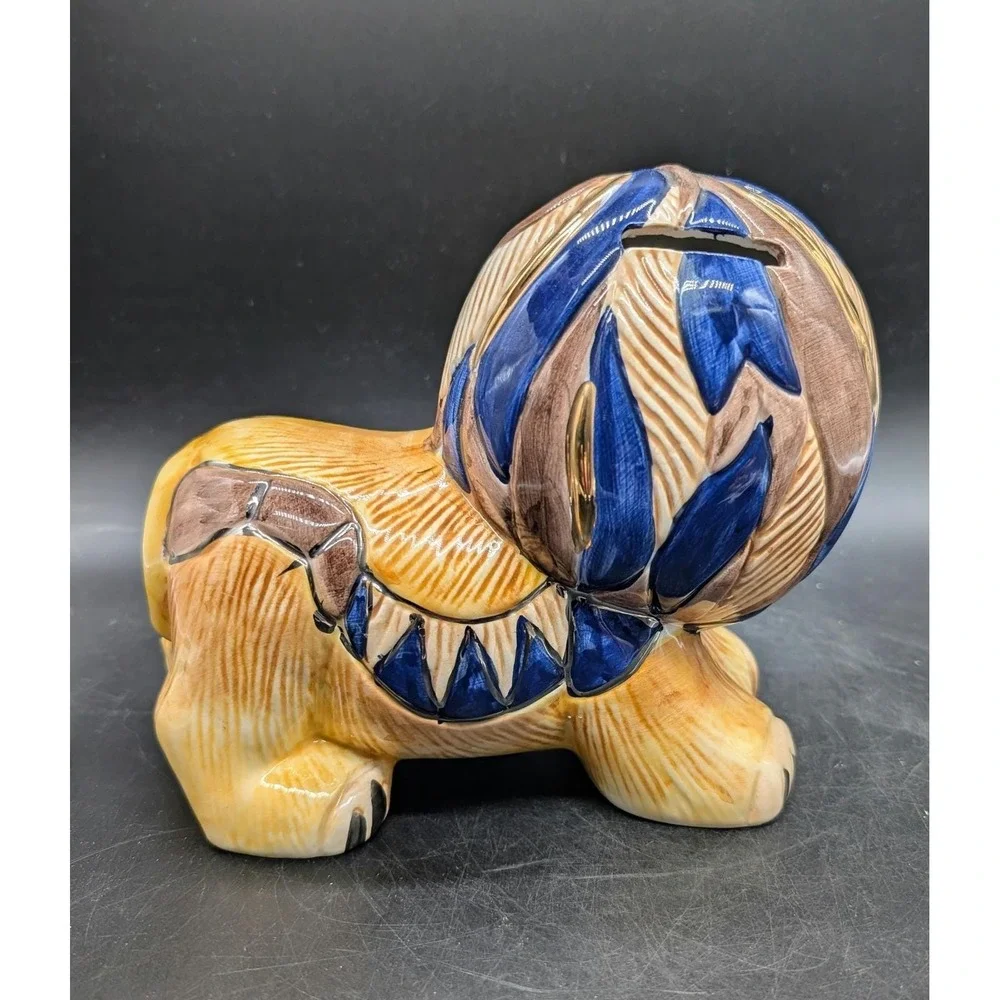 Egyptian Lion Ceramic Coin Bank Pharaoh Headdress Blue Gold Glazed Piggy Bank 8